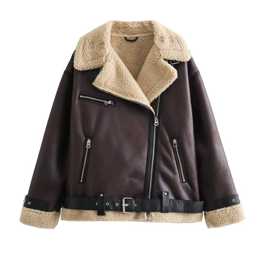 Damen Fliegerjacke im Bikerstil mit Teddyfutter, Kunstlederbesatz und Taillengürtel Shop Nory