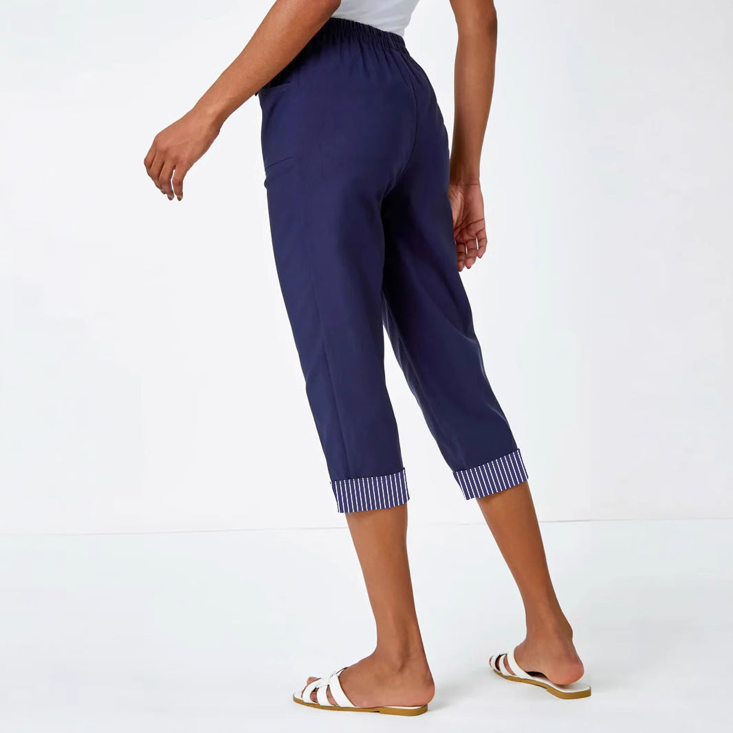Damen Cropped Capri-Hose mit elastischem Bund, aufgesetzten Taschen und kontrastiertem Umschlag Shop Nory