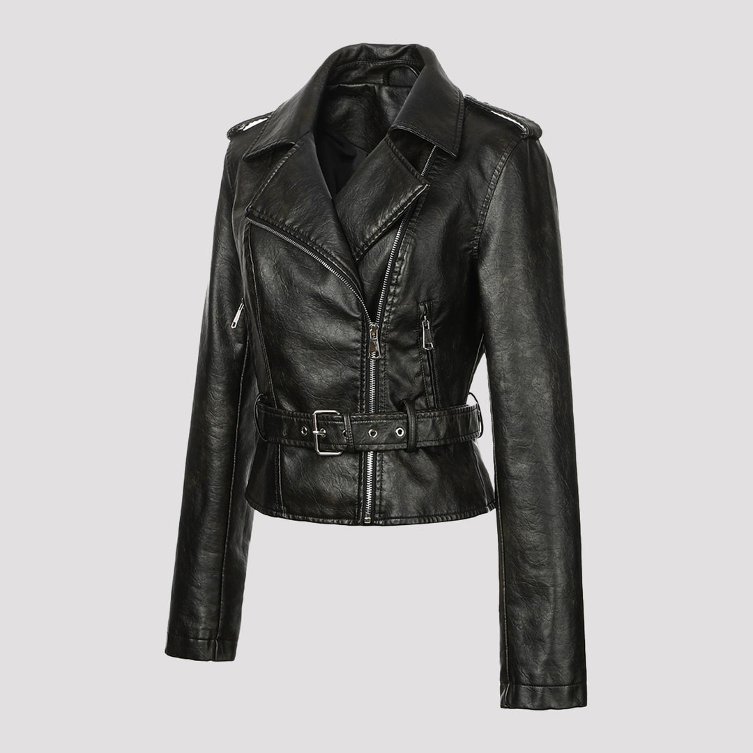 Damen Kurzjacke im Bikerstil aus weichem Kunstleder mit asymmetrischem Reißverschluss und Taillengürtel Shop Nory