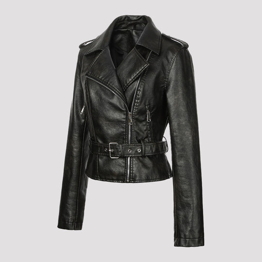Damen Kurzjacke im Bikerstil aus weichem Kunstleder mit asymmetrischem Reißverschluss und Taillengürtel Shop Nory