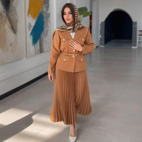 Damen Taillierter Blazer mit Gürtel und Plissierter Maxirock Set Shop Nory