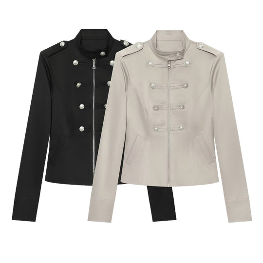 Damen Militärinspirierte Kurzjacke mit Stehkragen, Zierknopfleiste und Reißverschluss Shop Nory