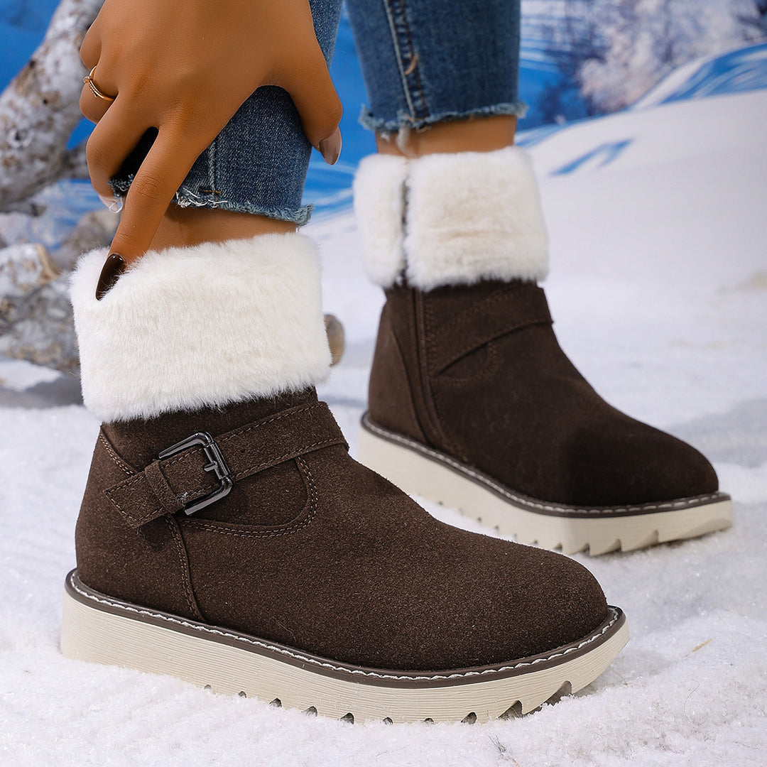 Damen Gefütterte Kurzstiefelette mit Kunstfellkragen, Velours‑Optik und Zierschnalle Shop Nory