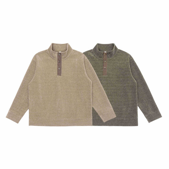 Unisex Feinstruktur-Halfzip-Pullover mit Stehkragen und karierter Knopfleiste Shop Nory