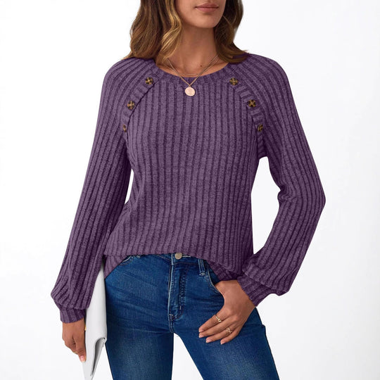 Damen Gerippter Strickpullover mit Zierknopfleiste an Raglanärmeln Shop Nory