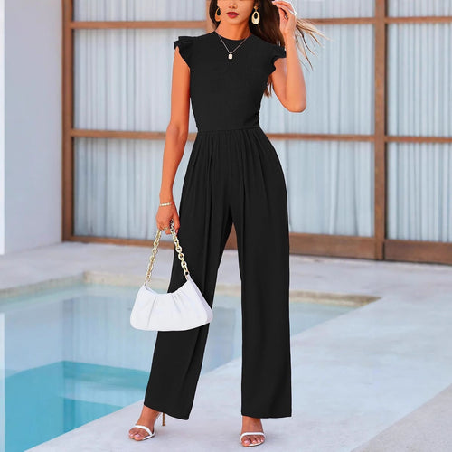 Damen eleganter Jumpsuit mit Puffärmeln und weitem Bein