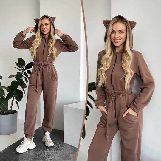 Damen Kuscheliger Kapuzen-Overall mit Katzenohren und Taillenzug Shop Nory