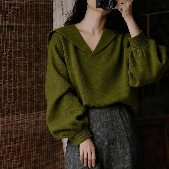 Damen Modischer Pullover mit tiefem V-Ausschnitt und weit geschnittenen Ärmeln Shop Nory