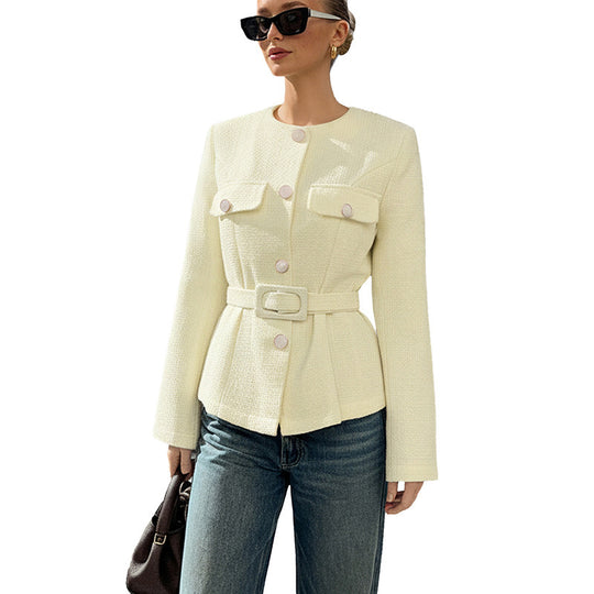Damen Taillierter Bouclé-Blazer mit Gürtel, Pattentaschen und Rundhals Shop Nory
