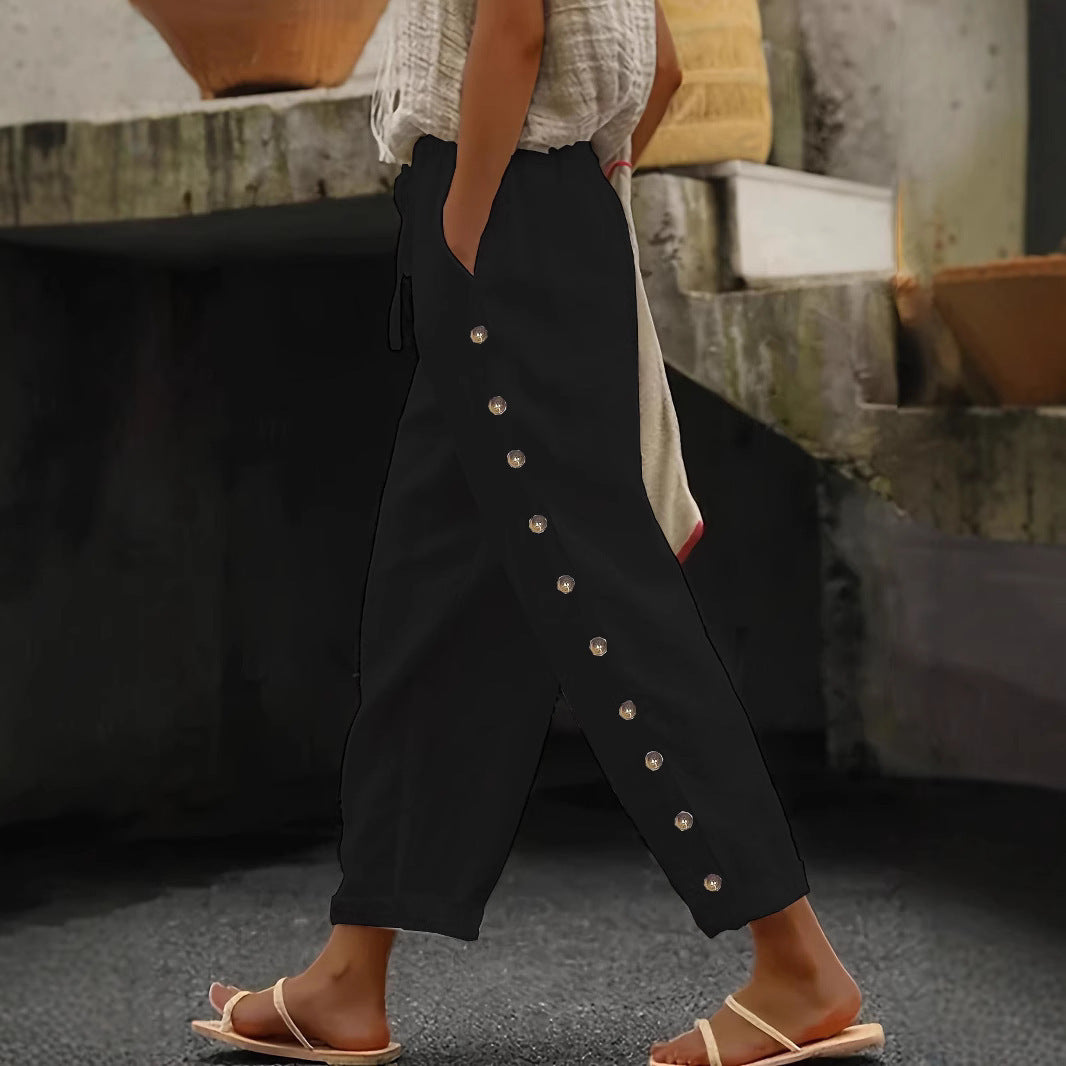 Damen Leichte Leinenhose mit hoher Taille, Kordelzug und seitlicher Druckknopf-Detailierung Shop Nory