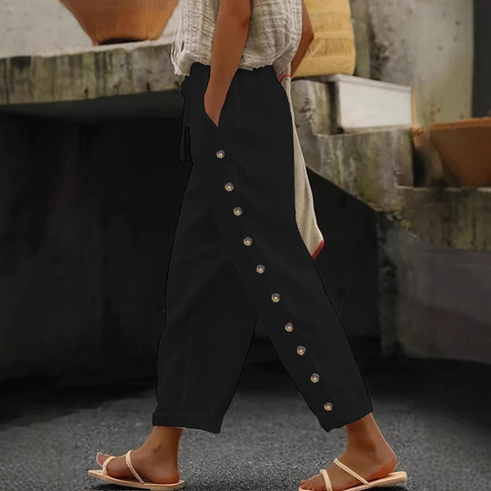 Damen Leichte Leinenhose mit hoher Taille, Kordelzug und seitlicher Druckknopf-Detailierung Shop Nory