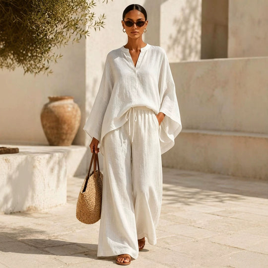 Damen Leichte Leinenmischung Übergroße Kaftan-Oberteil und Kordelzug Weitbein-Hosen Set Shop Nory