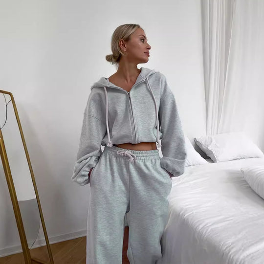 Damen kurzes Zip-Hoodie-Set mit taillenhoher Wide-Leg Jogginghose aus French-Terry Shop Nory