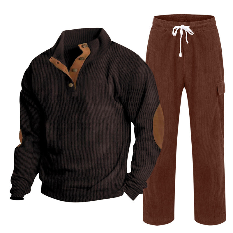 Herren Gemütliches Freizeit-Set aus Waffelstrick-Henley mit Ellenbogenpatch und Relax-Cargo-Hose Shop Nory