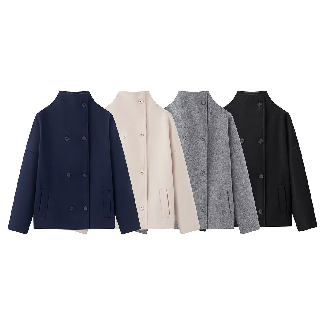 Damen Kurzmantel aus Wollmix mit Stehkragen, überschnittener Schulter und doppeltreihiger Knopfleiste Shop Nory