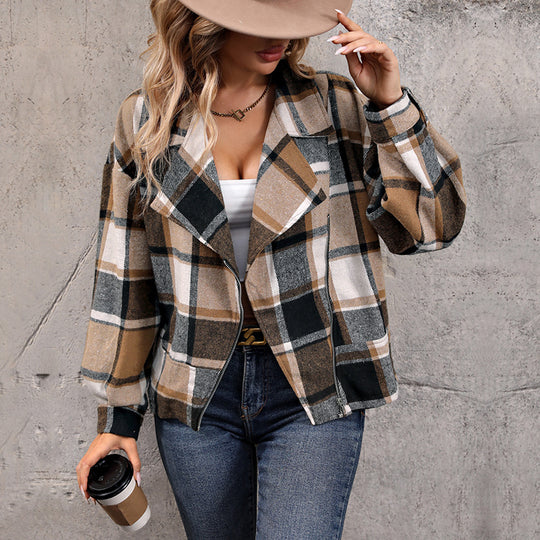 Damen Modische Karo Jacke mit Kragen Shop Nory
