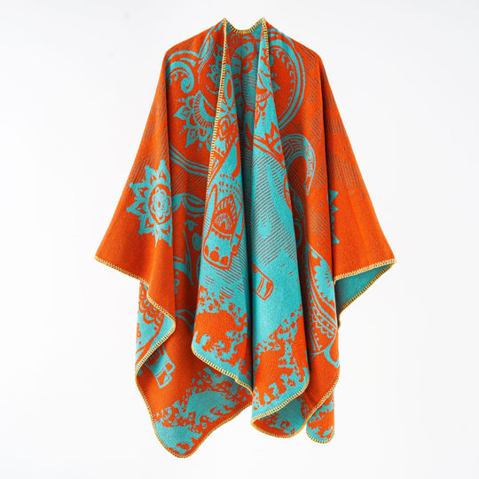 Damen Jacquard-Überwurfponcho mit doppelseitiger Webstruktur und Zierstichkante Shop Nory