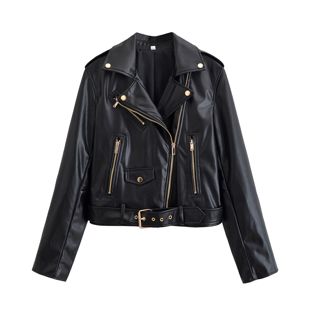 Damen Bikerjacke aus Lederimitat mit asymmetrischem Reißverschluss, Taillengürtel und goldfarbenen Details Shop Nory