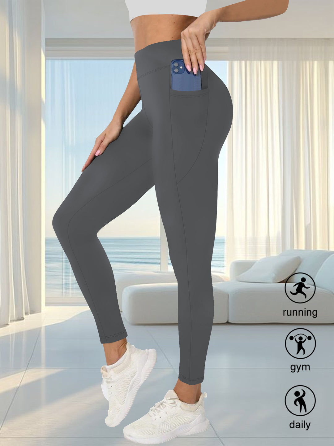 Damen High-Waist Sportleggings mit seitlicher Handytasche und formendem Kompressionsstoff Shopy Nory