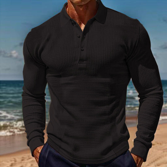 Herren Langarm-Henley-Shirt aus atmungsaktivem Strukturmaterial mit dekorativen Knöpfen