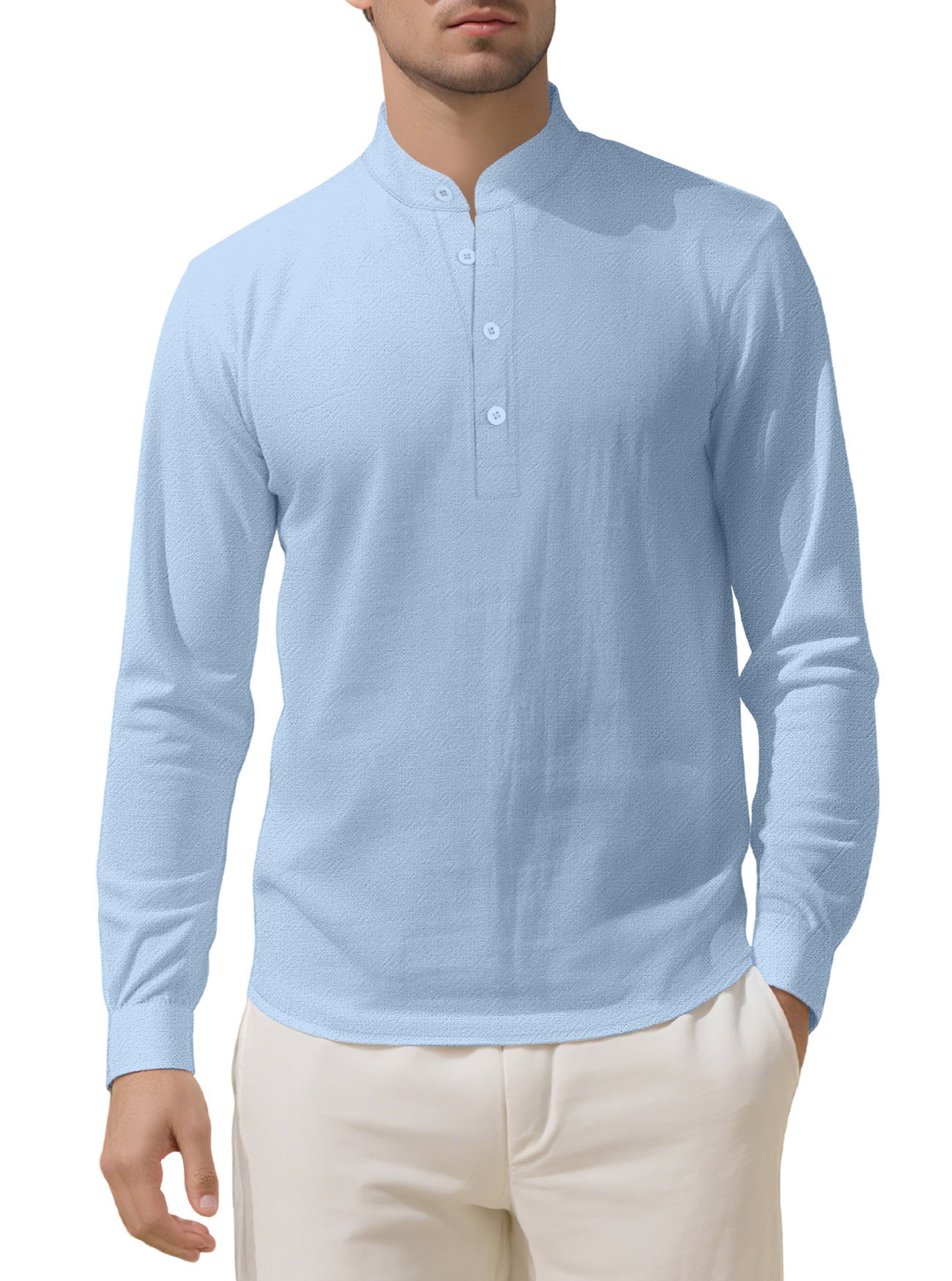Herren nan Nehru-Kragen-Henley aus Baumwollstretch mit verdeckter Knopfleiste und schmaler Passform