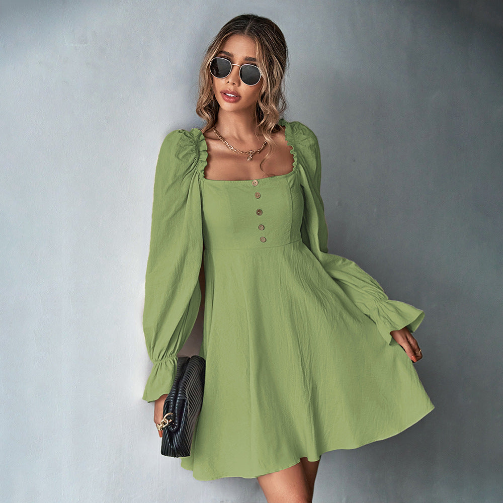 Damen romantisches A-Linien Kleid mit Puffärmeln quadratischem Ausschnitt und taillenbetonter Silhouette Shop Nory