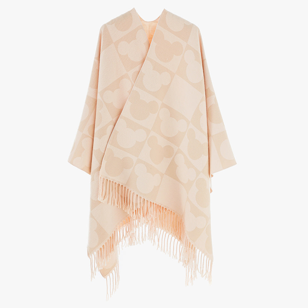 Damen Oversize-Jacquardponcho mit grafischem Kopf-Silhouettenmuster und Fransen Shop Nory