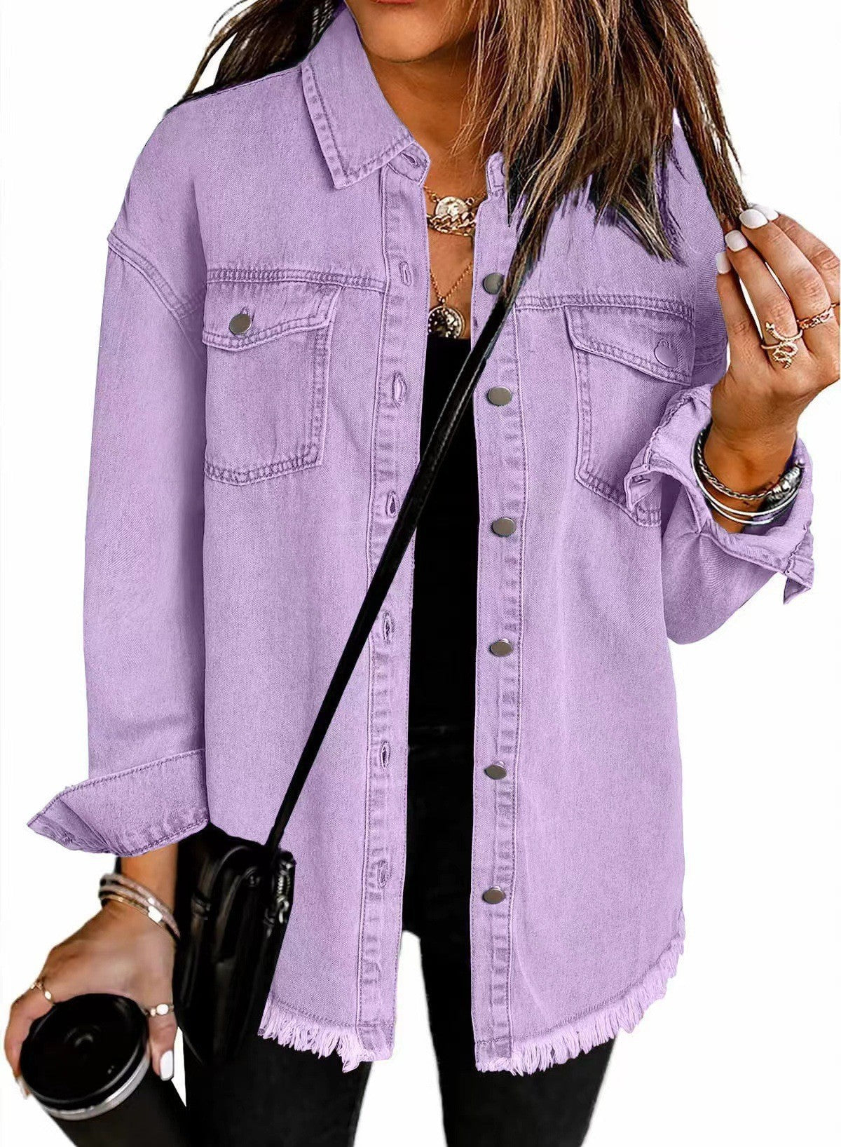 Damen Denim Overshirt mit fransigem Saum und Brusttaschen ShopNory