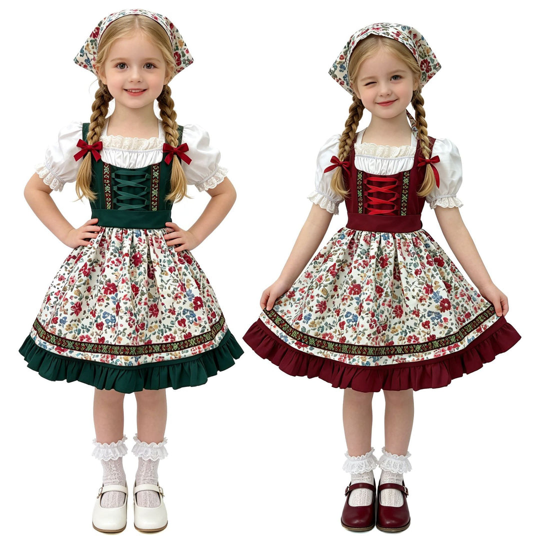 Damen nan traditionelles Kinderdirndl mit Schürze Haarband Spitzenbluse und Zierschnürung Shop Nory