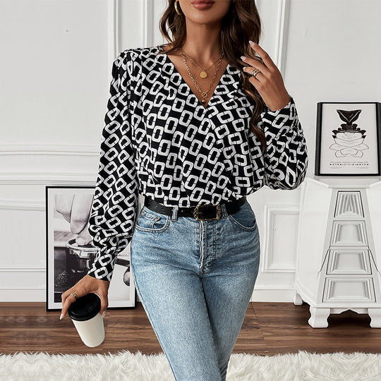 Damen Grafisch gemusterte Viskose-Bluse mit V-Ausschnitt, Wickel-Optik und Ballonärmeln Shop Nory