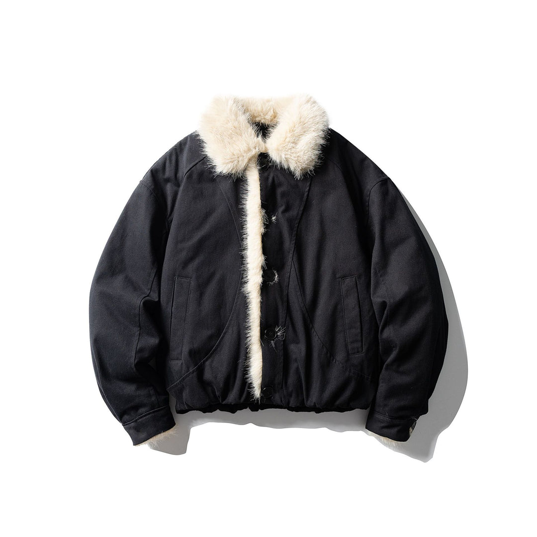 Unisex Kurz geschnittene Boxy-Bomberjacke mit Kunstfellbesatz und Knopfblende Shop Nory
