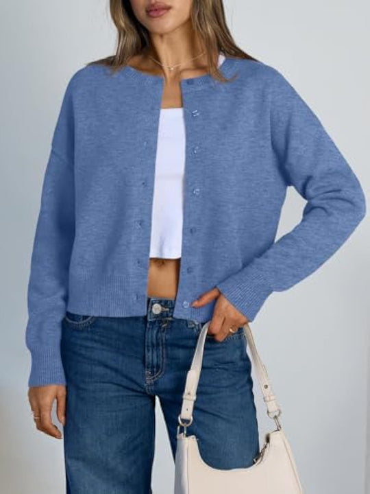 Damen Cropped Strickjacke im Boxy‑Schnitt mit Rundhals und Rippbündchen Shop Nory