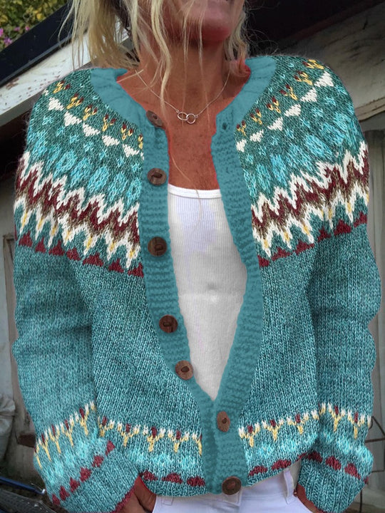 Damen nan gemusterte Strickjacke mit Rundpasse, Holzknöpfen und Eingrifftaschen Shop Nory