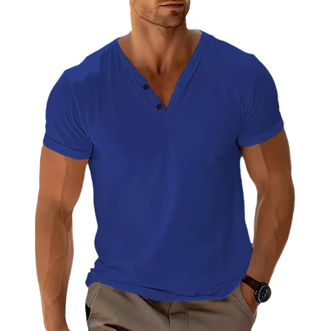 Herren nan kurzärmeliges Henleyshirt mit V-Ausschnitt und Zweiknopfleiste aus Baumwollmix Shopnory