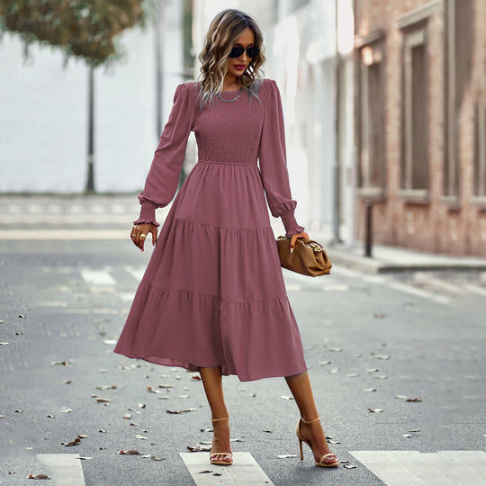 Damen nan gerafftes Midikleid mit Smok-Oberteil, ballonförmigen Ärmeln und stufigem Volantrock Shop Nory