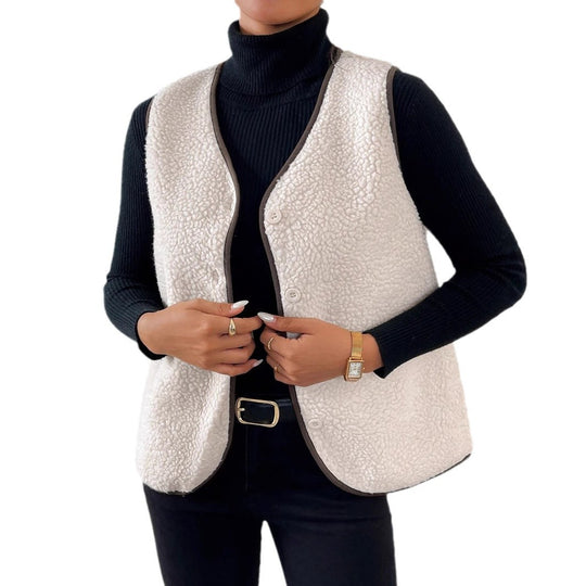 Damen Gefütterte Teddyweste mit Knopfleiste, Kontrastbesatz & Rundsaum Shop Nory