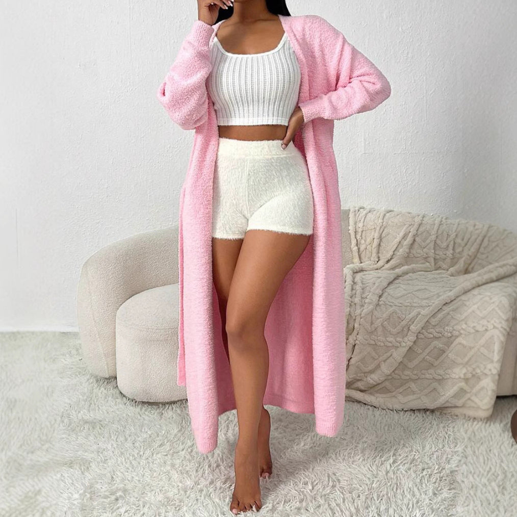 Damen Langer Wickel-Cardigan in Flausch-Optik mit Bindegürtel Shop Nory