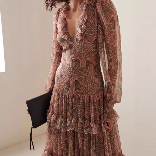 Damen Maxikleid mit rüschenverziertem GewShopnorye und elegantem V-Ausschnitt