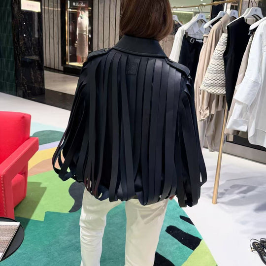 Damen Lederimitat‑Fransenblouson mit Stehkragen und Taillengürtel Shop Nory