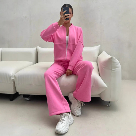 Damen Zweiteiliges Loungewear-Set mit kurzem Bomber-Zip und weiter hochgeschnittener Jogginghose Shop Nory