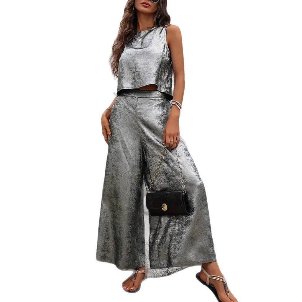 Damen Glänzendes Set aus ärmellosem Oberteil und weitem Hosen Shopnory