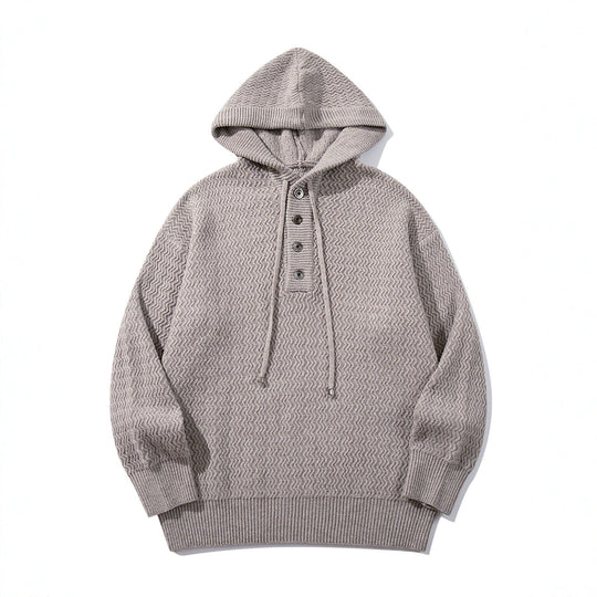 Unisex Strukturierter Kapuzen‑Strickpullover mit Henley‑Knopfleiste Shop Nory