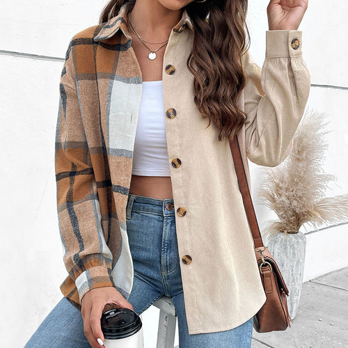 Damen Oversize‑Hemdjacke mit zweigeteilter Karo‑ und Uni‑Optik und Knopfleiste Shop Nory