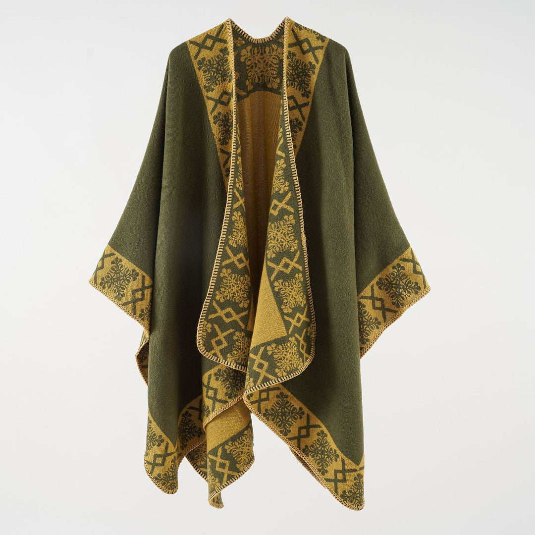 Damen Oversize-Umhangponcho aus Wollmix mit gewebter Bordüren-Jacquard und Zierkettelnaht Shop Nory