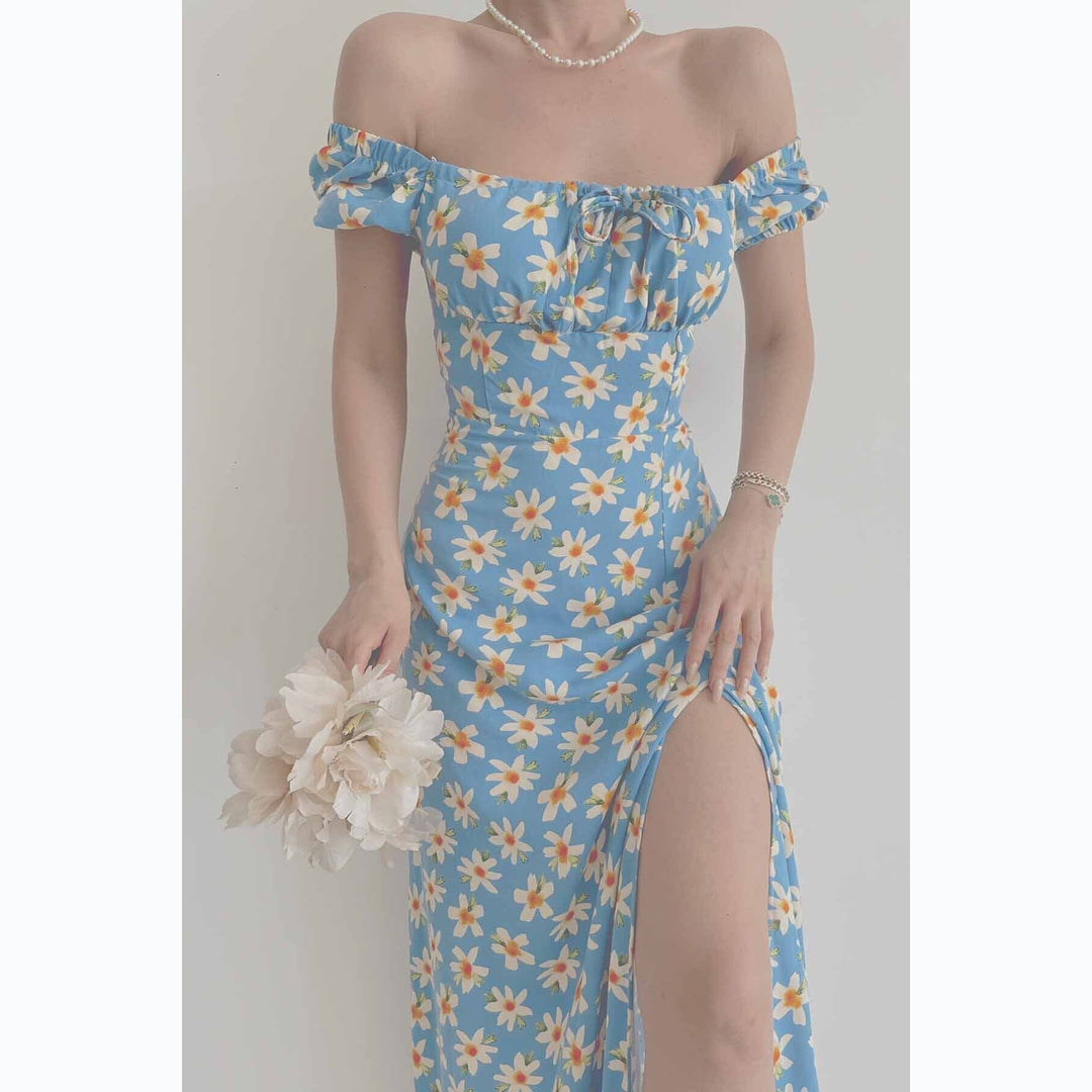 Damen Off-Shoulder Maxikleid mit floralem Design und elegantem Schlitz
