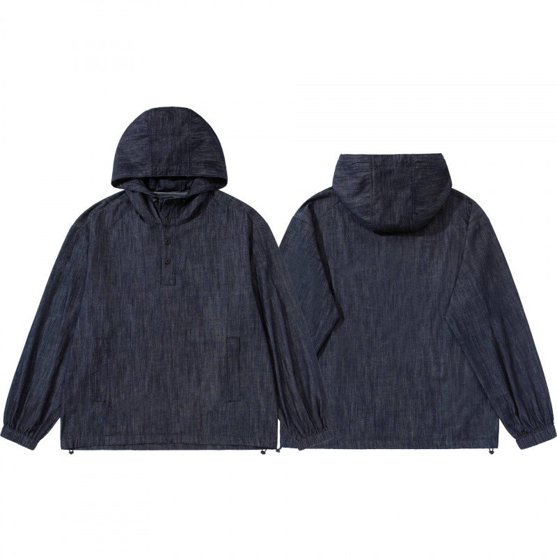 Unisex Denim-Blend Kapuzenpullover im Overshirt-Stil mit Henley-Knopfleiste Shop Nory