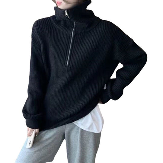 Damen Leichter Strickpullover mit hohem Kragen und Reißverschluss