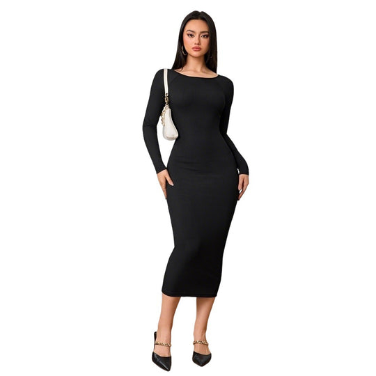 Damen figurbetontes Stretch-Midikleid mit U‑Boot‑Ausschnitt und figurformendem Rippstrick Shop Nory