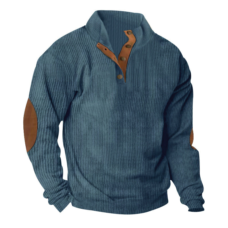 Herren nan gerippter Pullover mit Henley-Kragen und Leder-Ellbogenpatches Shop Nory