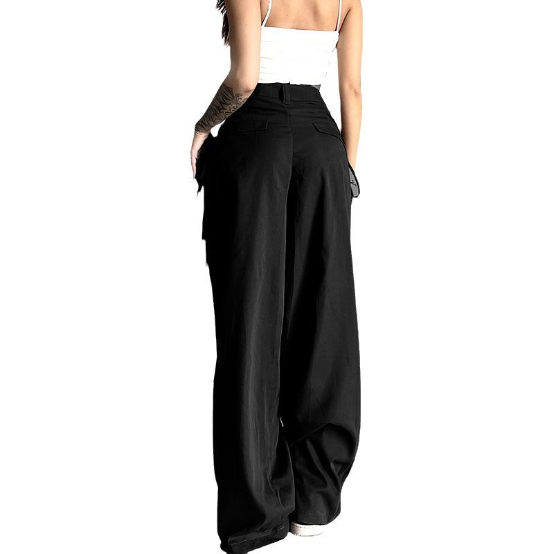 Damen nan hochtaillierte weite Bundfaltenhose mit Cargo‑Details, Gürtelschlaufen und geradem Beinschnitt Shop Nory